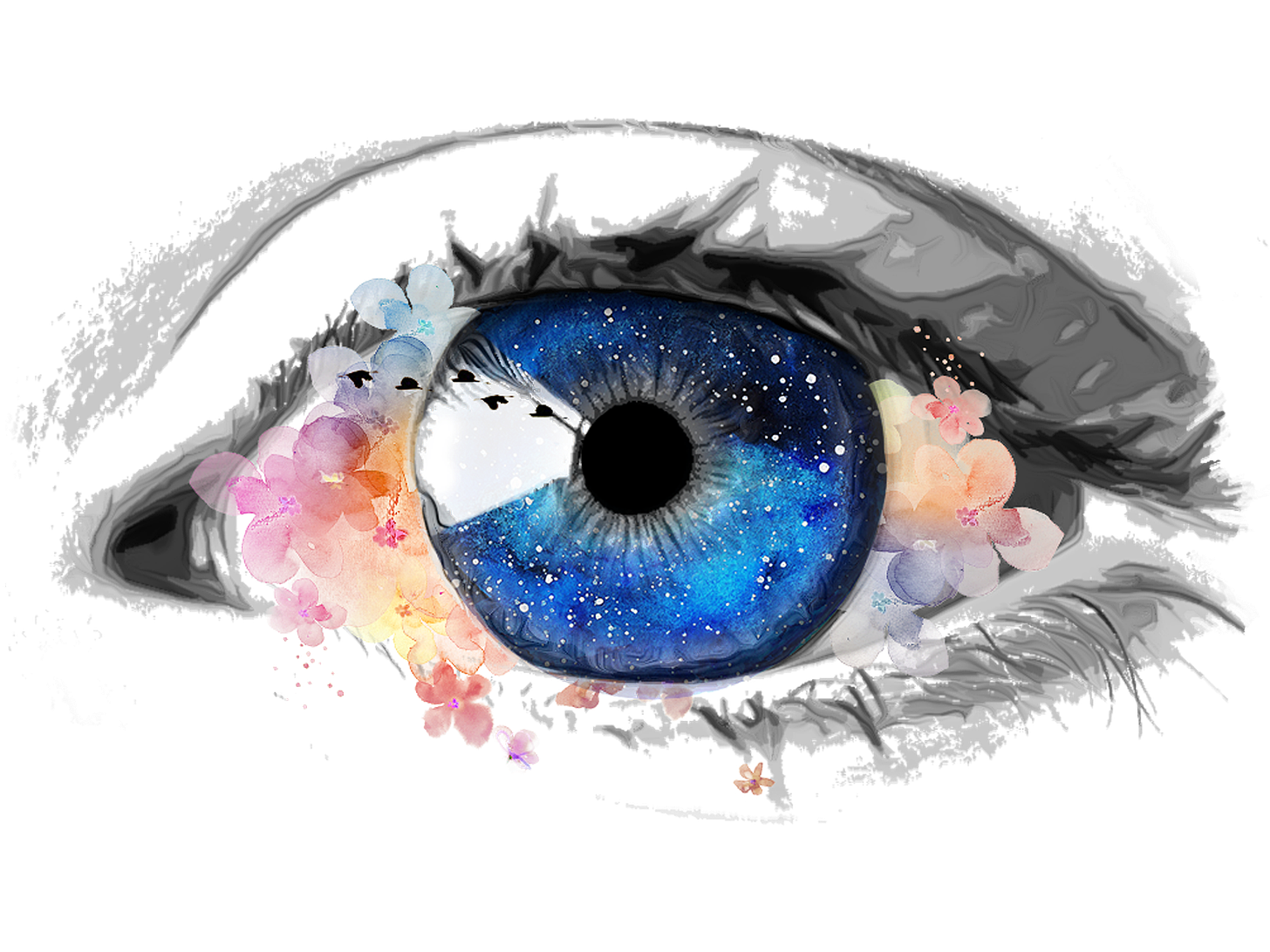 eye, creative, galaxy, collage, flowers, paint, artistic, birds, lash, design, colorful, color, surreal, soul, window, spirit, life, beauty, universe, cosmos,  illustrations,