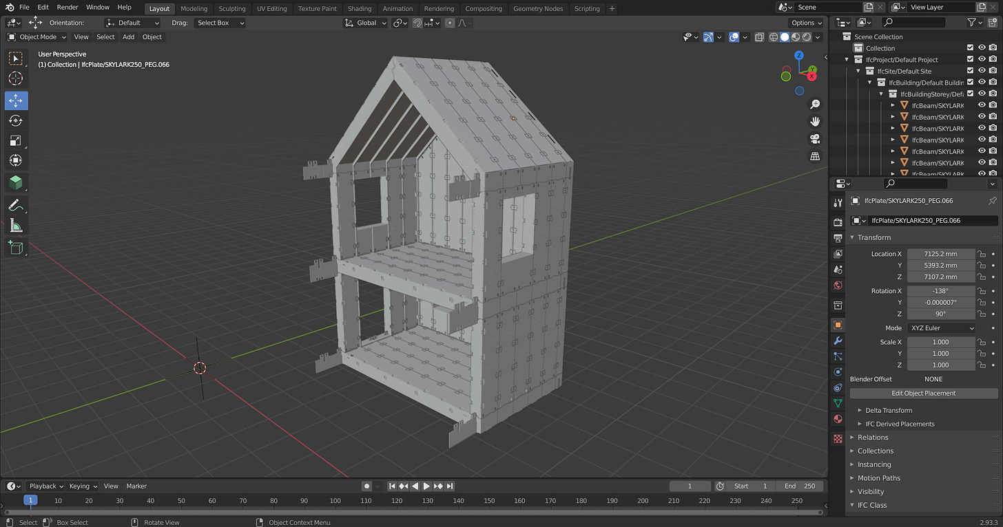 Screenshot of Blender programme showing a 2 storey WikiHouse Skylark structure being designed
