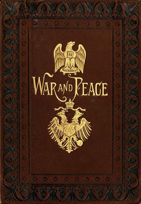 A fancy leatherbound cover of War and Peace, gilded with a royal crest. It's the cover for the Gutenberg edition I'm reading.