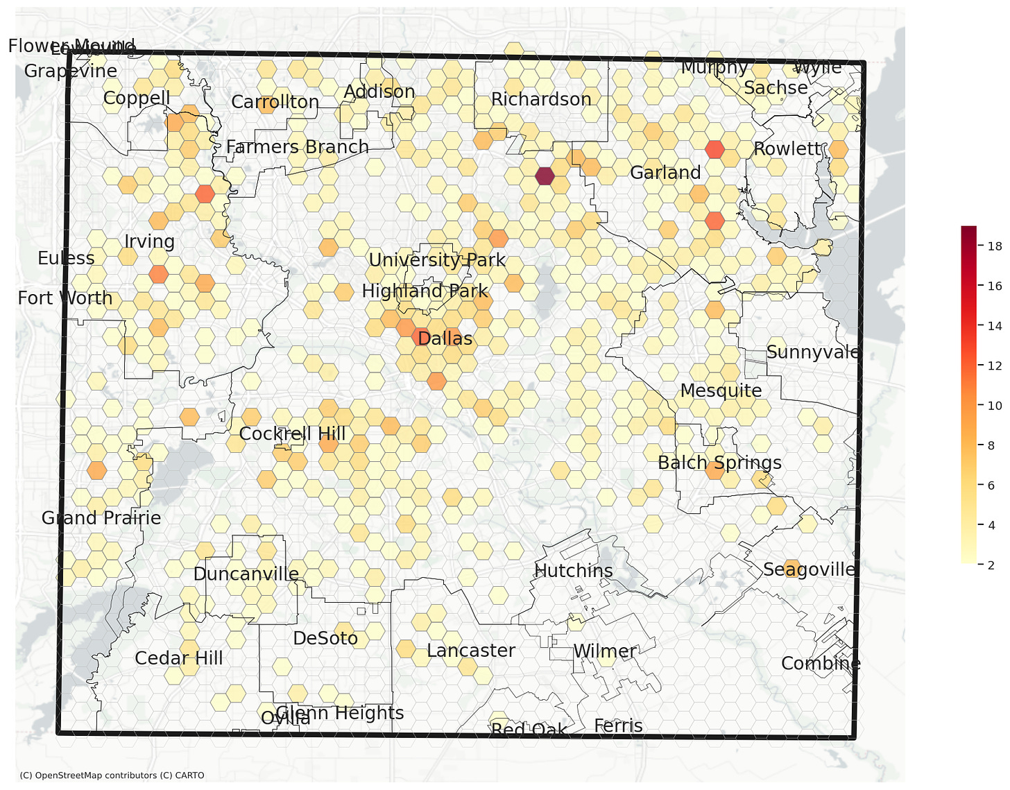 Dallas County's hex map documenting COVID cases as of Feb. 25