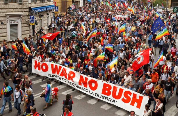 People demonstrate against the the Iraq war and U.S President George W.Bush June 4, 2004 in Rome, Italy. About 150,000 people took part in the...