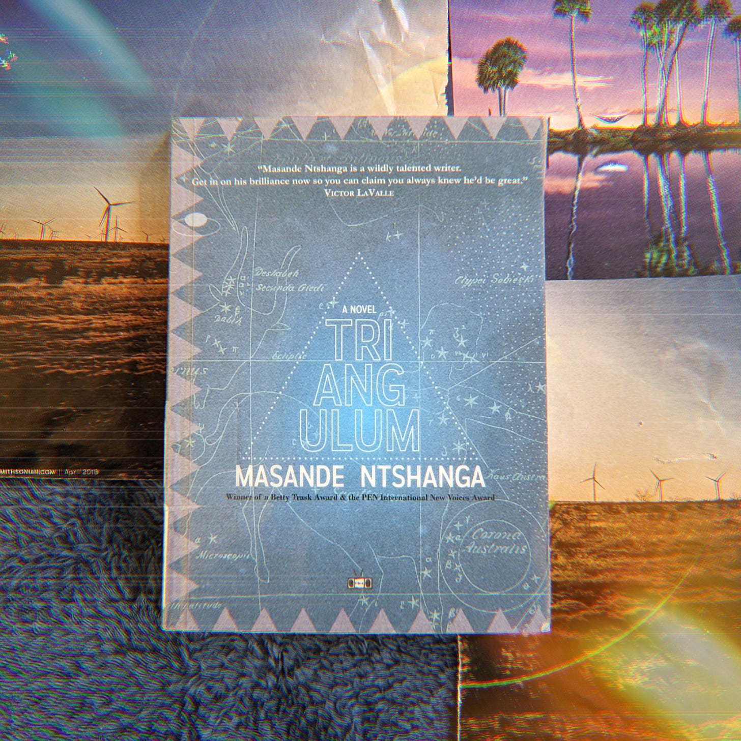 Blue book on top of magazine cutouts of landscapes. The book is Triangulum by Masande Ntshanga.