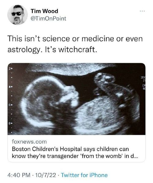 May be an image of 1 person and text that says 'Tim Wood @TimOnPoint This isn't science or medicine or even astrology. It's witchcraft. foxnews.com Boston Children's Hospital says children can know they re transgender 'from the womb' in d... 4:40 PM. 10/7/22 Twitter for iPhone'