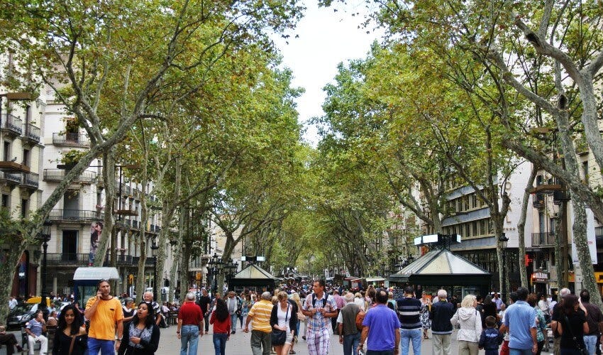 La Ramblas, the main shopping and walking street in the center of Barcelona.