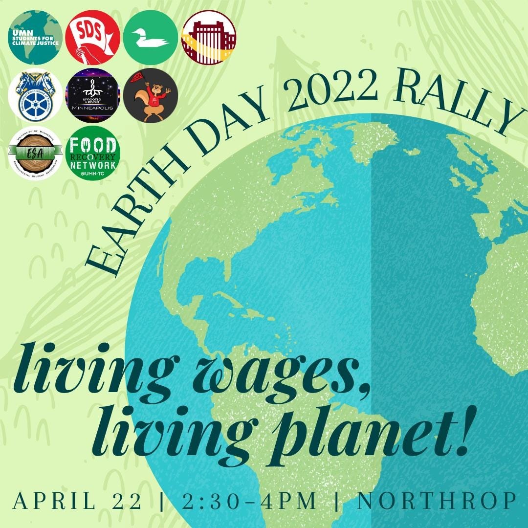 green and blue graphic of the planet with the text "Earth day 2020 rally" and "living wages, living planet" with union logos