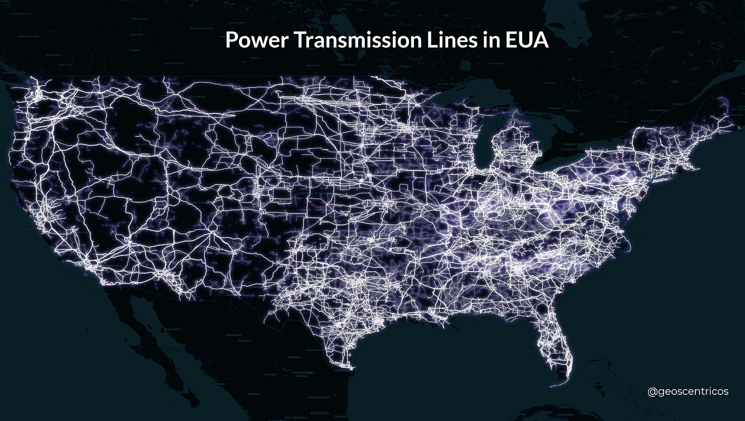 The location of power transmission lines in the Continguous USA (EUA)