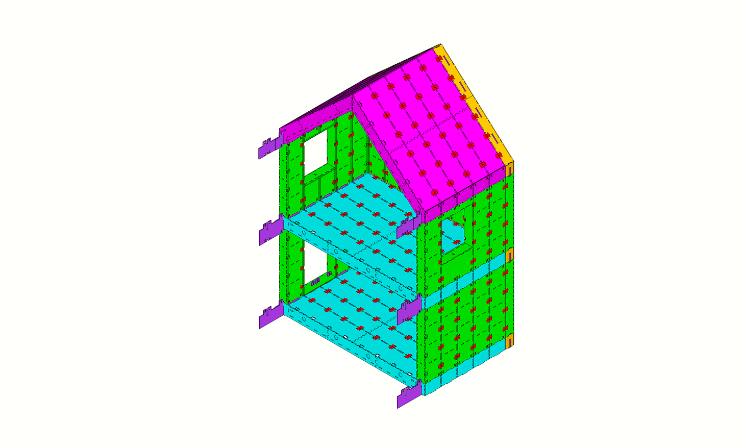 Drawing of a WikiHouse chassis. The chassis is of a 2 storey house that has been sliced lengthwise and the inside of the blocks can be seen.