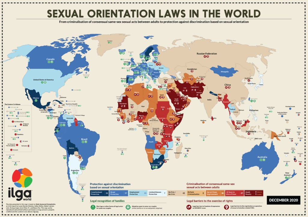Map of the world depicting laws referring to the LGBQTI+ community, either laws that criminalize them or protect them.