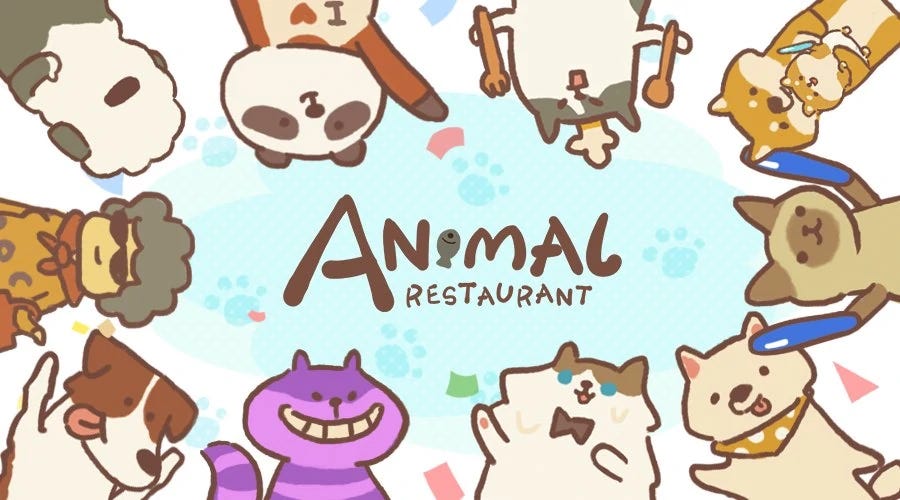 Illustrated drawing featuring many hand drawn animal characters from the mobile game Animal Restaurant