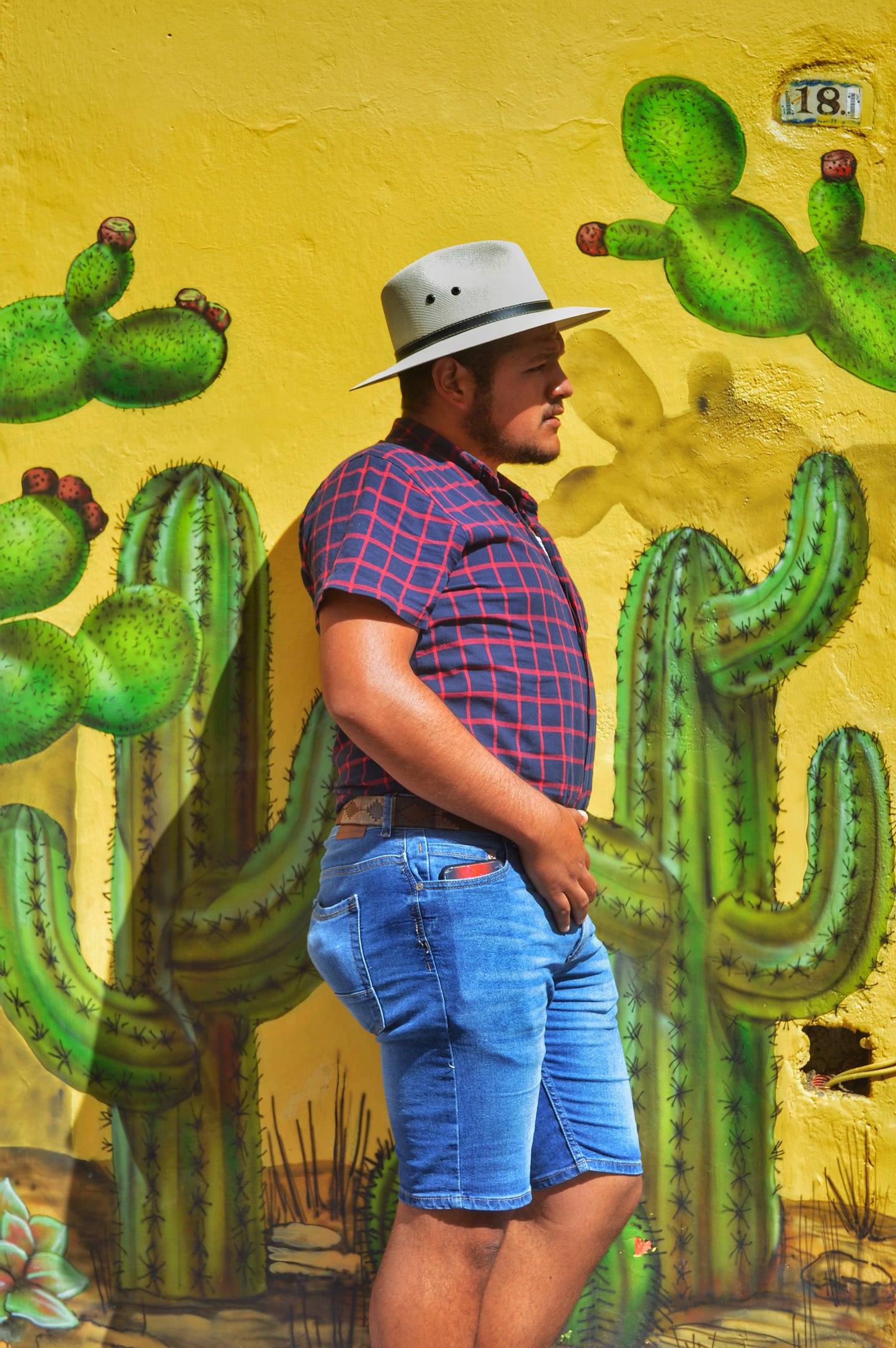 Cool dude wearing awesome shorts standing against a yellow wall with murals of cacti 