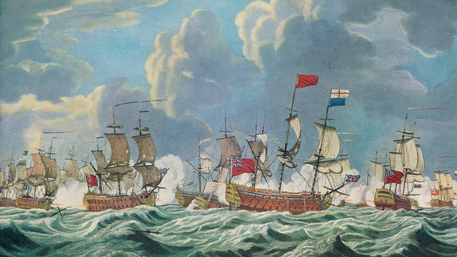 A painting of a naval battle from the Seven Years' War. An armada of British naval ships shoot their cannons in the foreground. Waves swell and storm clouds loom above the ships' sails.