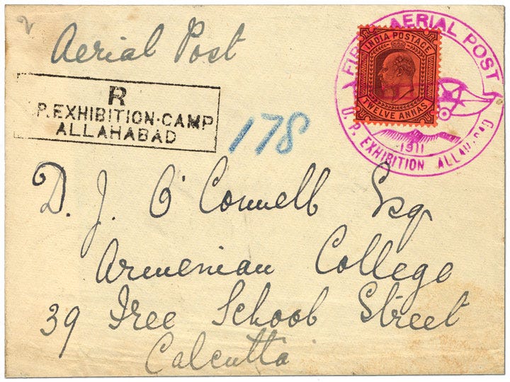 Cover from first official airmail flight by airplane, India, 1911