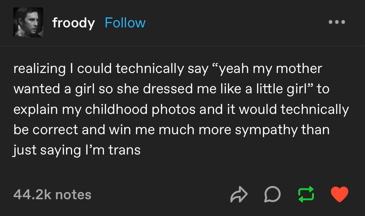 Tumblr post by froody: realizing I could technically say "yeah my mother wanted a girl so she dressed me like a little girl" to explain my childhood photos and it would technically be correct and win me much more sympathy than just saying I'm trans