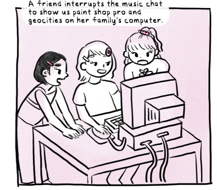 A picture from a webcomic : three young girl looking at a family computer.