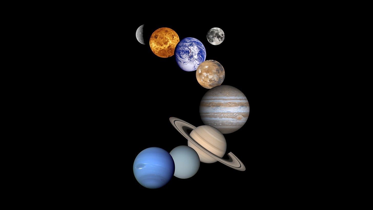 Artistic representation of 8 planets plus Moon.