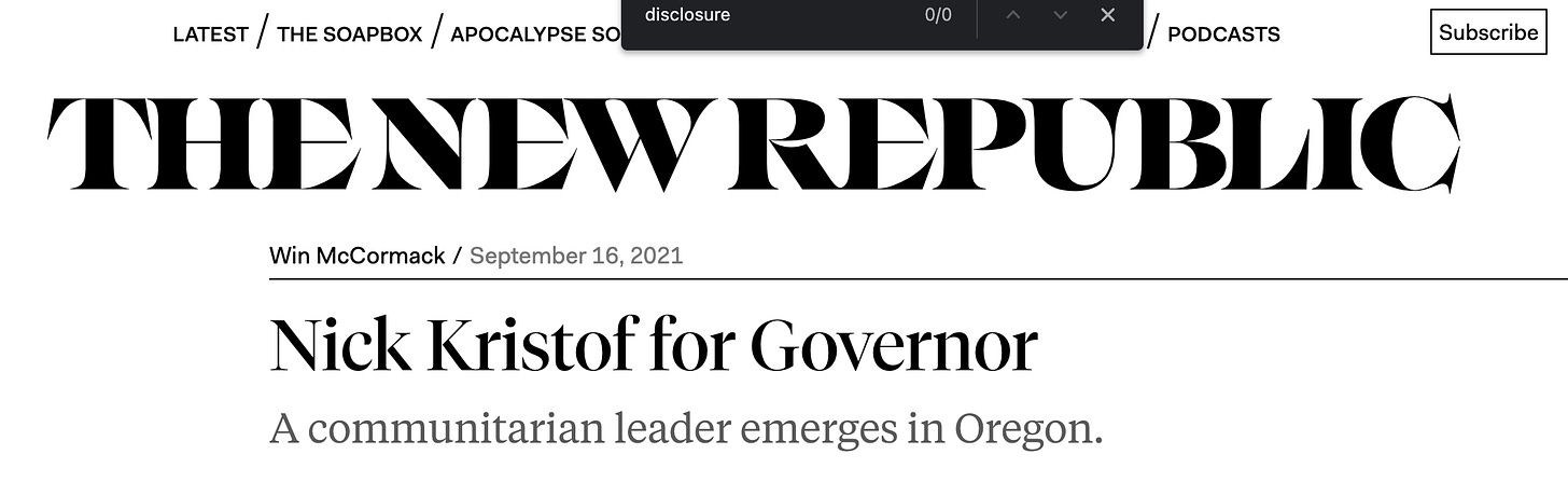 A screenshot of the New Republic article with a page search for “disclosure” showing zero results.