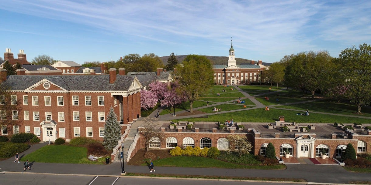 An aerial view of Bucknell's quadrangle, which is ringed by brick buildings