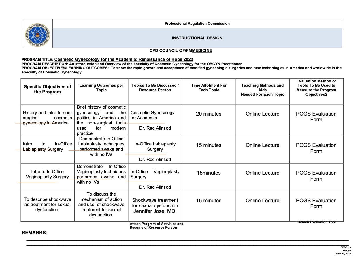 Professional Regulation Cornmission 
INSTRUCTIONAL DESIGN 
CPD COUNCIL OF/FMMEDICINE 
PROGRAM TITLE: Cosmetic Gynecology for the Academia: Renaissance of Hope 2022 
PROGRAM DESCRIPTION: An Introduction and Overview of the specialty of Cosmetic Gynecology for the OBGYN Practitioner 
PROGRAM OBJECTIVES/LEARNING OUTCOMES: To show the rapid growth and acceptance of modified gynecologic surgeries and new technc 
specialty of Cosmetic Gynecology 
Specific Objectives of 
the Program 
History and intro to non- 
surgical 
Intro 
to 
cosmetic 
erica 
In-Office 
ry 
Intro to In-Office 
Vaginoplasty Surgery 
Learning Outcomes per 
Topic 
Brief history Of cosmetic 
gynecology and the 
politics in America and 
the non-surgical tools 
used for modem 
ctice 
Demonstrate In-Office 
Labiaplasty techniques 
e and 
with no IVs 
Demonstrate In-Office 
Vaginoplasty techniques 
performed awake and 
with no IVs 
Topics To Be Discussed I 
Resource Person 
Cosmetic Gynecology 
for Academia 
Dr. Red Alinsod 
In-Office Labiaplasty 
Surgery 
Dr. Red Alinsod 
In-Office Vaginoplasty 
Surgery 
Dr. Red Alinsod 
Time Allotment For 
Each Topic 
20 minutes 
15 minutes 
15minutes 
Teaching Method 
Aids 
Needed For Each 
Online Lectl 
Online Lecti 
Online Lecti 