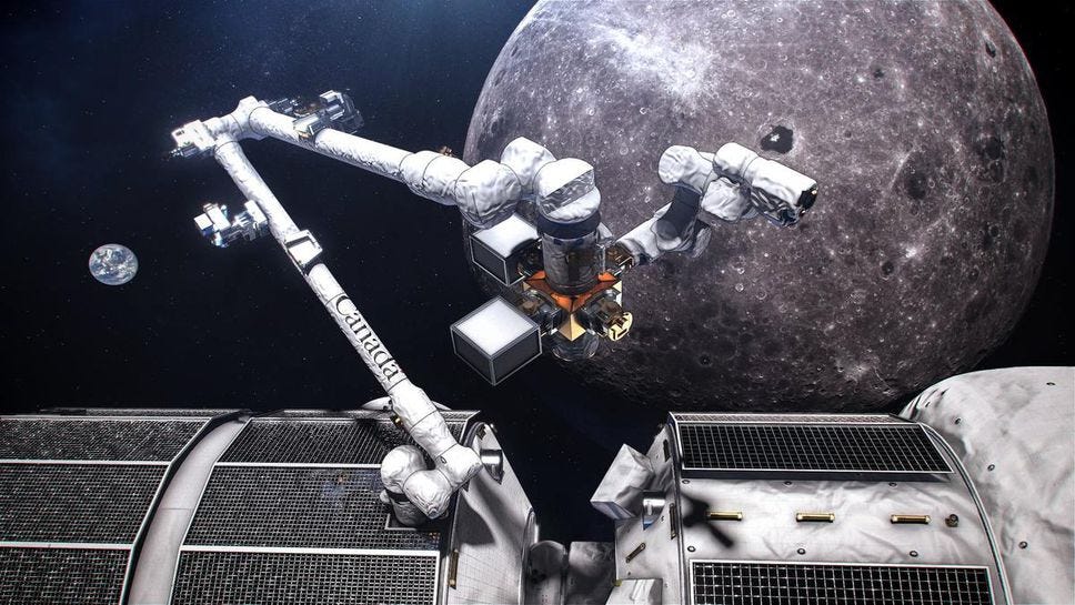 An artist's concept of Canadarm3, Canada's smart robotic system, located on the exterior of the Lunar Gateway, a small space station in orbit around the Moon.