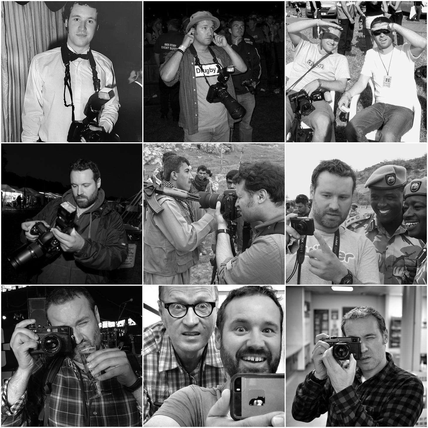 A montage of nine images in a square. Top left image is of me in a dickie bow and shirt with an SLR taking photos at a posh event in Rugby. Top middle is a photo was taken at V fest 2004 and I have my fingers in my ears in the photographers pit sporting a DSLR with a long lens. Top right sees me and Noel alleger squinting into the sun at Glastonbury with a camera in my lap. Middle right is a photo taken my Brian Jones of me chimping. Middle middle image was taken in northern Iraq during the war in 2005 as I take a photo of the word Komala engraved into someone’s AK47 (photo by Phil Sands). Middle right is an image of me sharing snaps off a compact with members of the KWS in Kenya, Africa. Bottom left is of me using a Leica M9 while sipping champagne at MK Fest. Bottom middle is a phone selfie taken in a mirror of me and Ade Edmondson at MF Fest. Finally, bottom right is a photo of me shooting a Fuji X100. Image by Marc Horner.