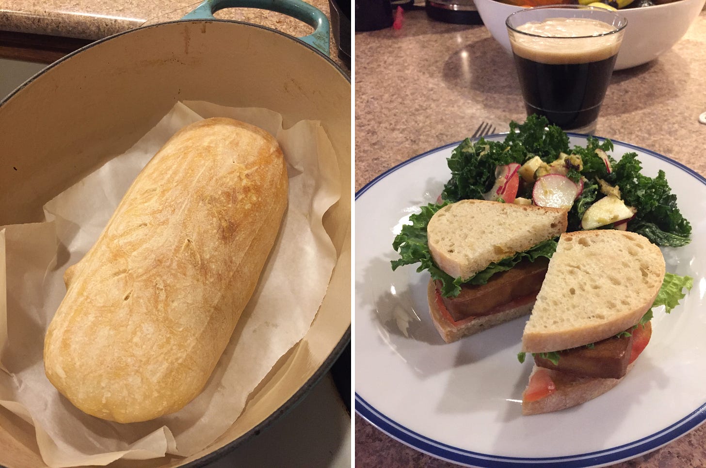 left image: a freshly baked loaf of sourdough inside a dutch oven. Right image: a white plate with a sandwich cut in half in front of the kale salad described above. A foamy glass of stout sits in the background.