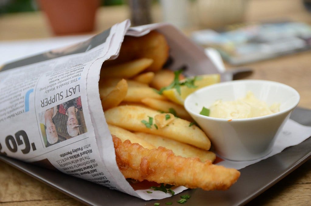 Beer-battered flathead tails, chips, aioli AUD17.50 - Wombat Hill House, Daylesford