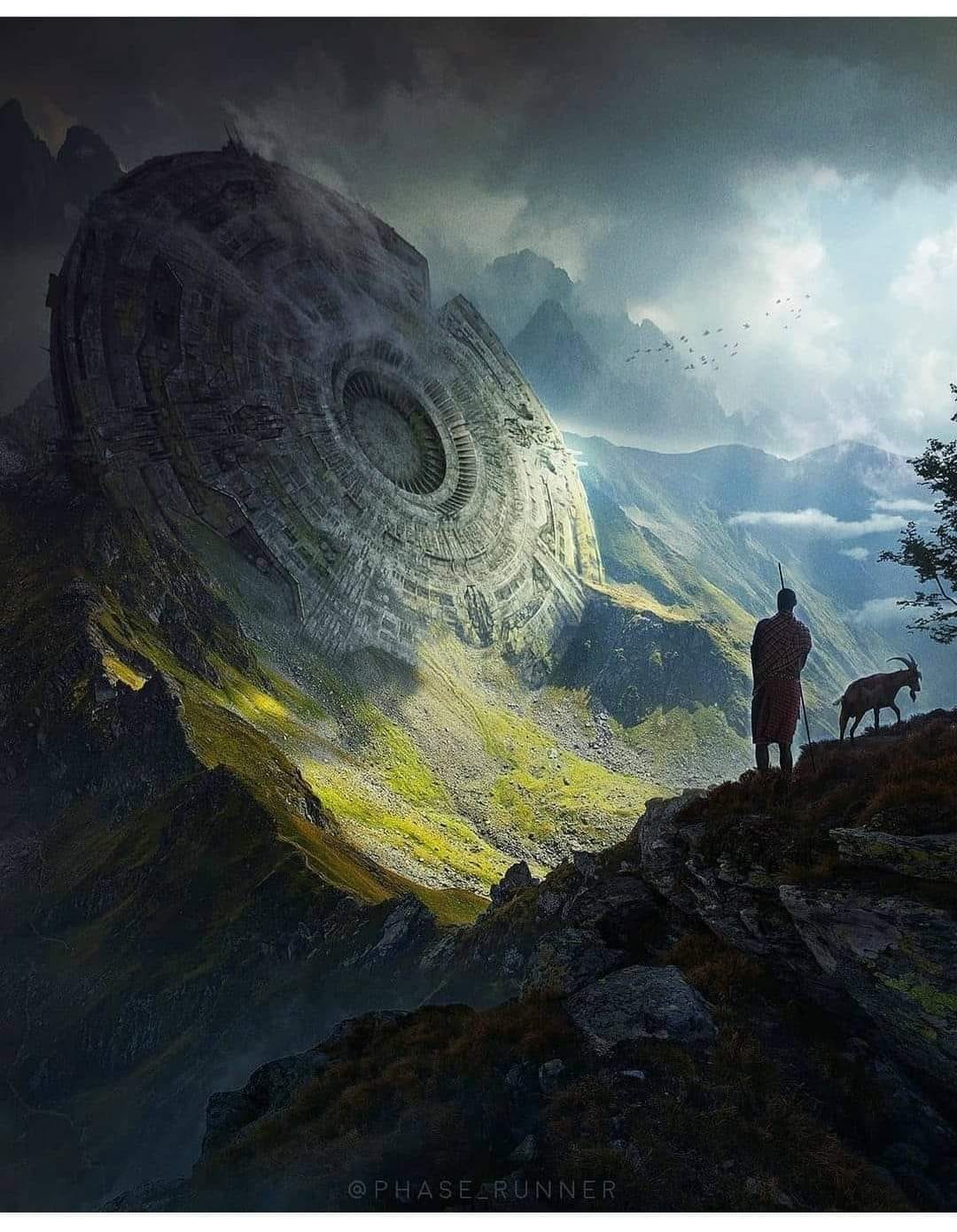 A rustic sci-fi scene. In shadow in the foreground, a rural man and a goat walk along a ridge at the edge of a lush green valley. In it, from mid- to background, a massive disc of an alien spacecraft is nestled into a mountain chain, as if set down and then forgotten. Clouds vary from light to dark. A flock of birds dots the lighter portions. There is a classic elegance to this scene.
