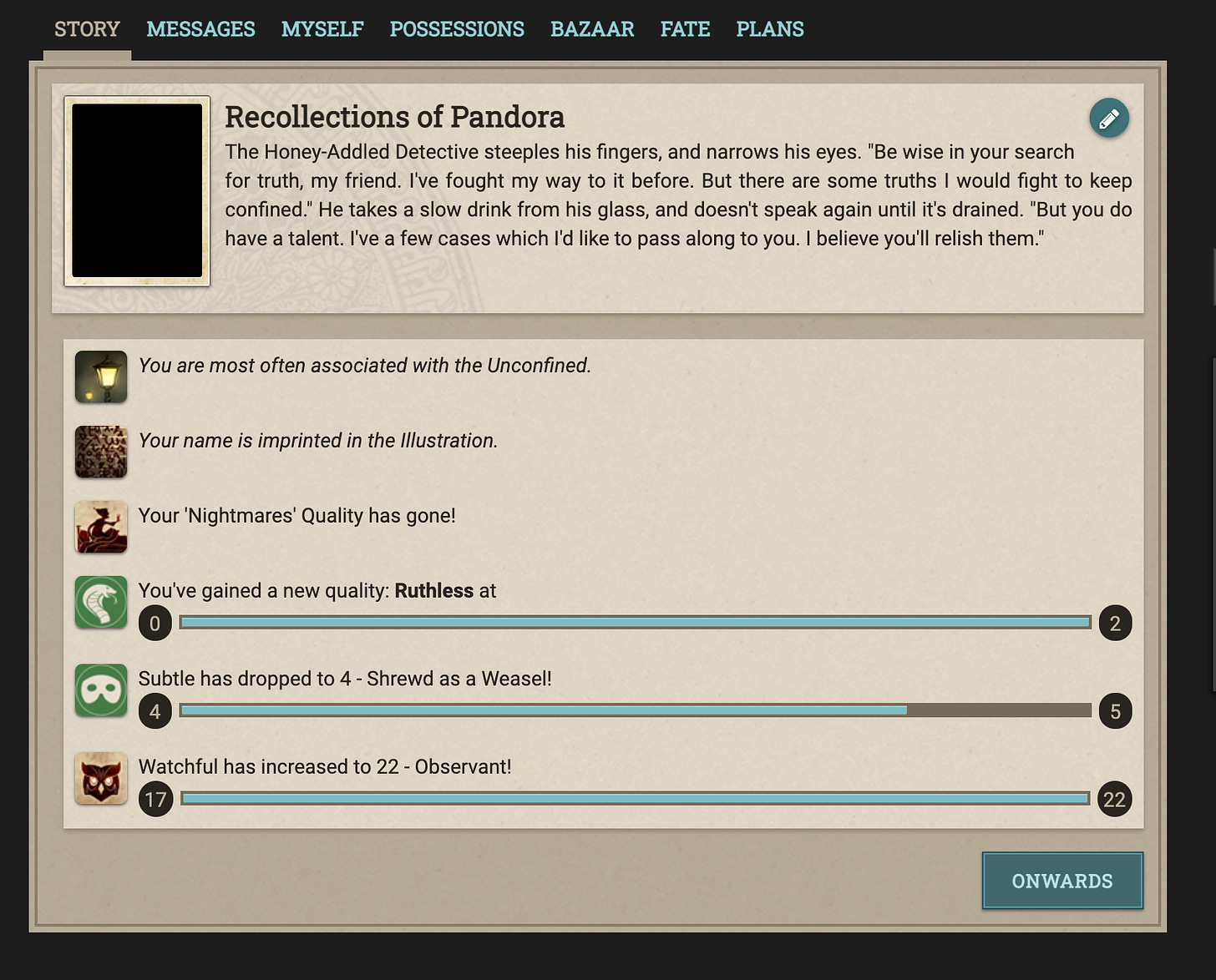 Screenshot of Fallen London showing a more modern web interface, featuring the storylet "Recollections of Pandora."