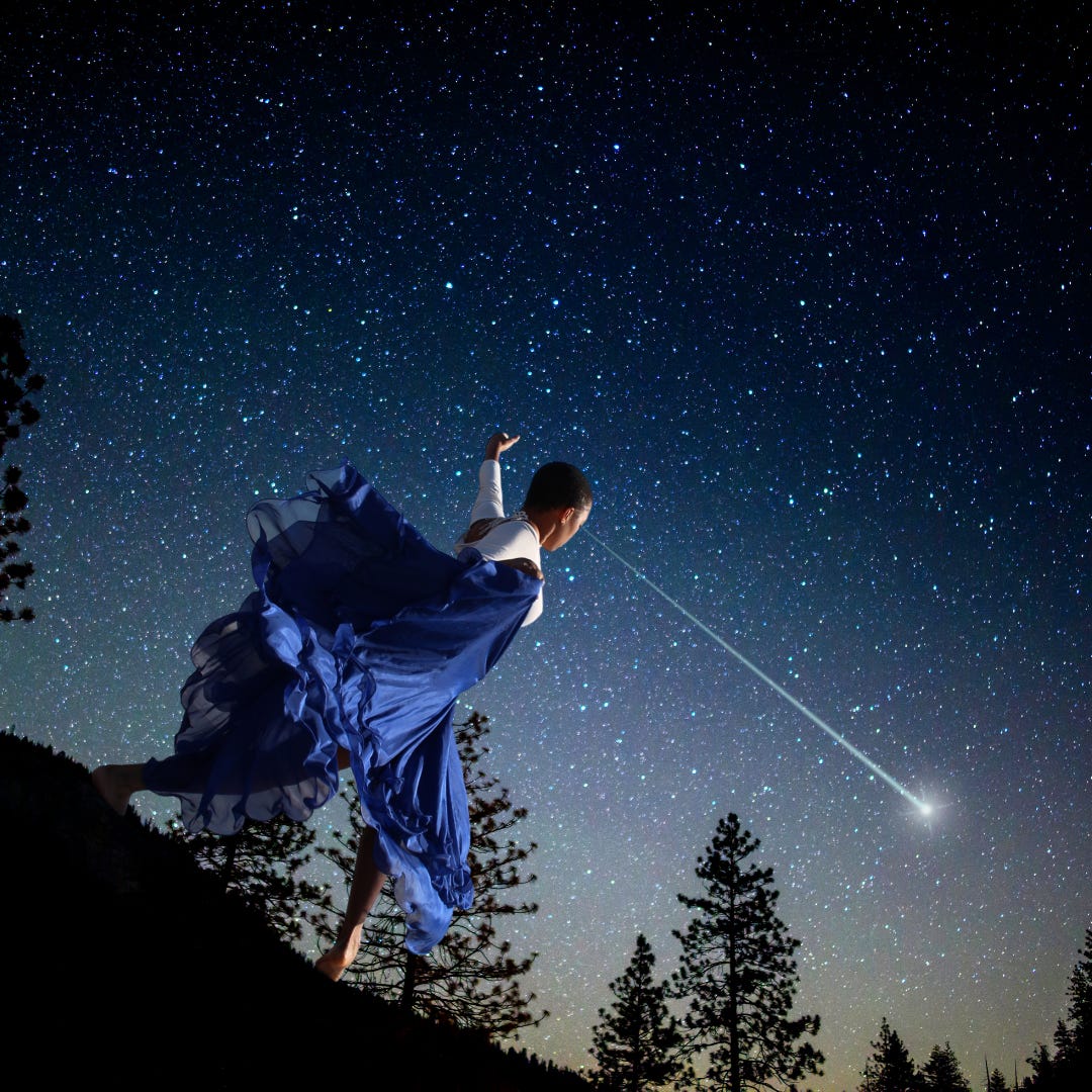 A collage of a woman marching forward through a dark forest, her left arm cast out to the starry night sky. From her eyes beams out a ray of light which connects to a star in the sky. Her blue dress with frills billows out from underneath her and she is surrounded by silhouettes of trees.