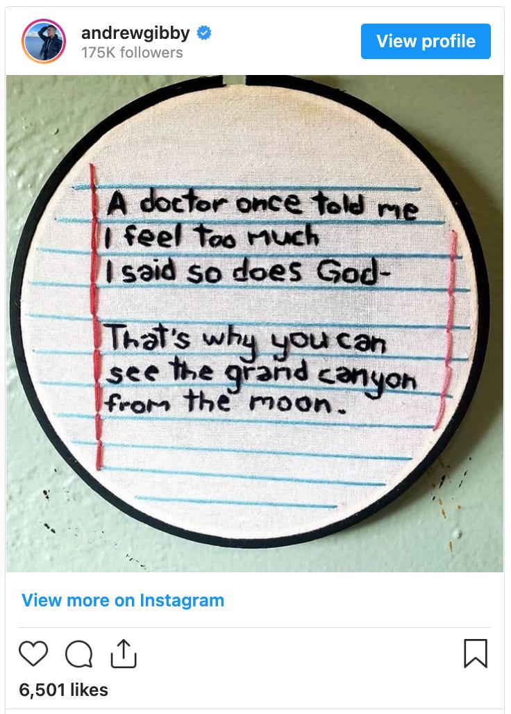 Andrea Gibson poem: "A doctor once told me I feel too much, I said so does God - that's why you can see the Grand Canyon from the moon." written in black cross stitch on stitched lined note paper