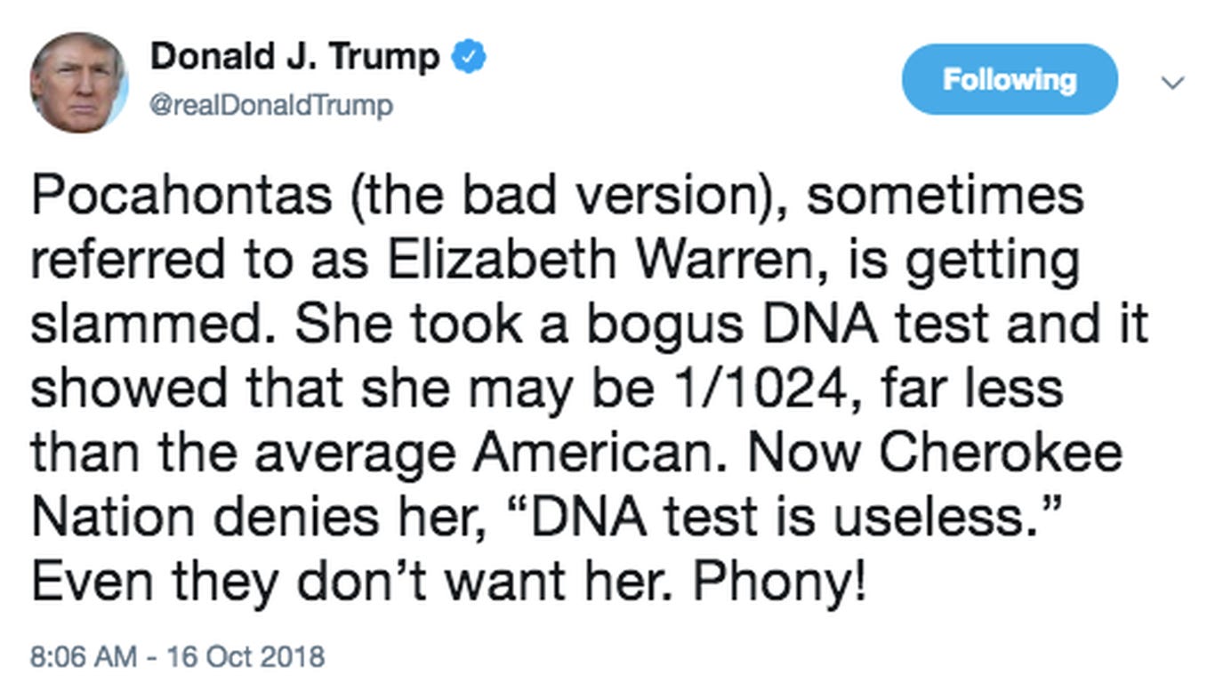 Trump says Elizabeth Warren should apologize for ancestry "fraud"