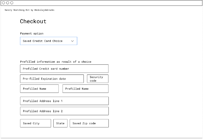 A sample “Checkout” process. The user has selected a “Saved credit card choice” from the payment options at the top, so dozens of fields are now prefilled from that choice (such as name, address, credit card number, and more).