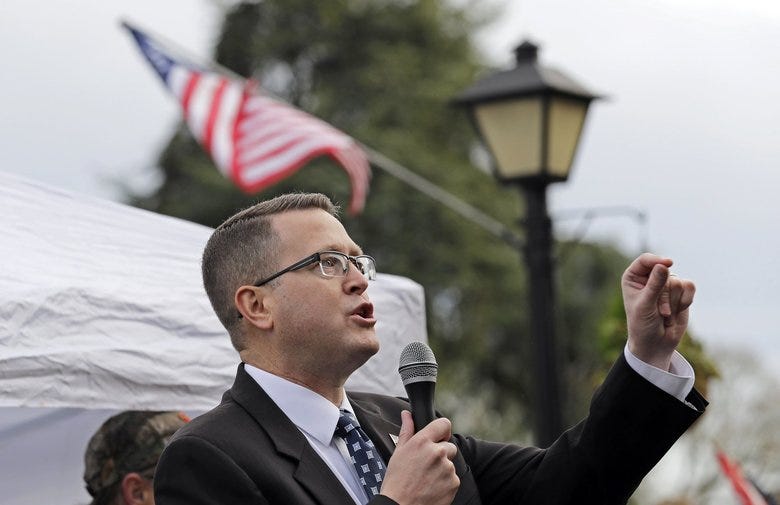 State Rep. Matt Shea, R-Spokane Valley, has spent campaign money for mileage traveling across Eastern Washington to promote his plan to create a 51st state from counties east of the Cascade Mountains. (Ted S. Warren / The Associated Press)