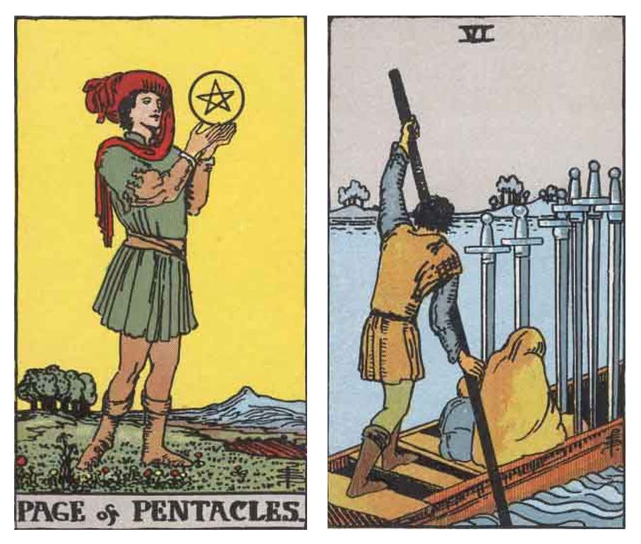 The page of pentacles and the six of swords cards from the Rider Waite tarot.