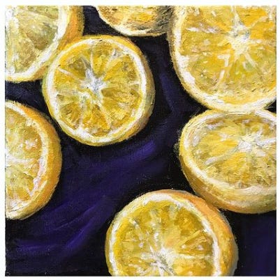 pintura de limões amarelos cortados sobre um fundo azul