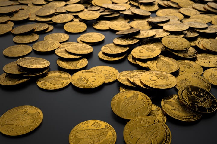 Many gold coins dropped randomly on dark background showing wealth,  treasure, or income free image download