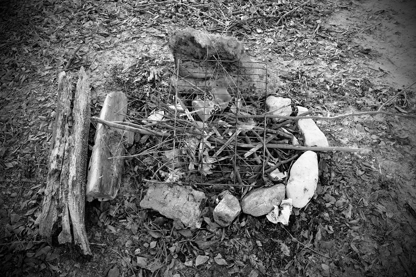 Black and white photo of a campfire in the urban woods