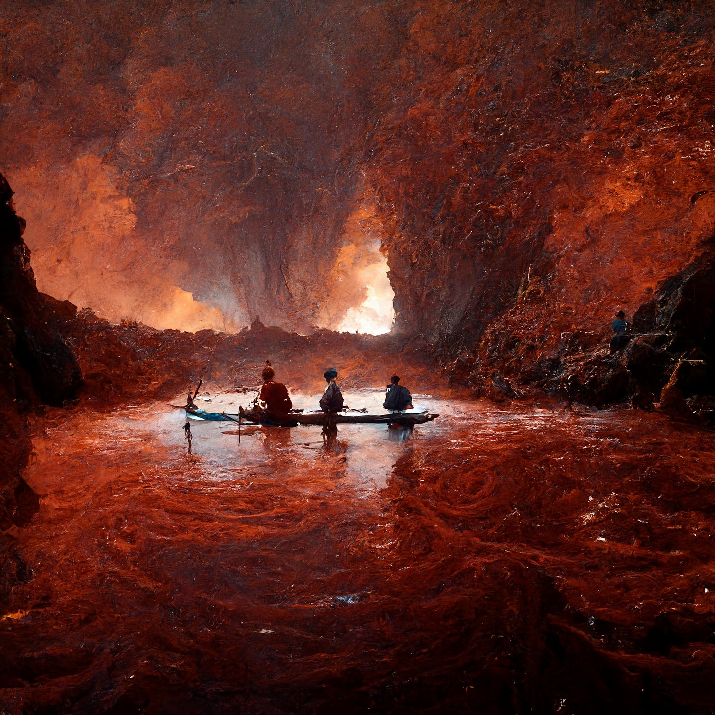 Tim Berners Lee paddling a canoe in a lava river with elon musk and mark zuckerberg via Midjourney AI