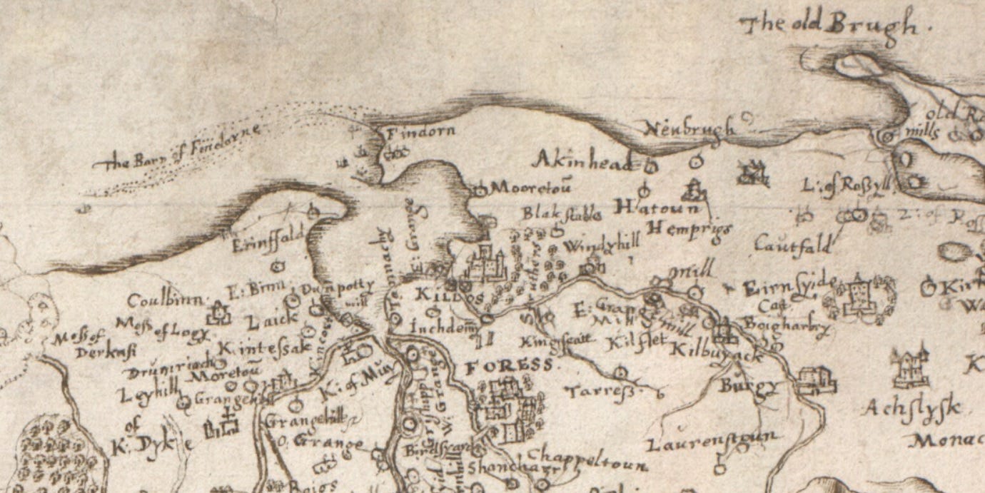A map of the Forres and Kinloss area made by cartographer Timothy Pont in 1590, now in the National Library of Scotland. Kinloss is pictured but there is no bridge over the Kinloss Burn here. The only bridge in the area is at the western entrance to Forres, over the Mosset Burn.