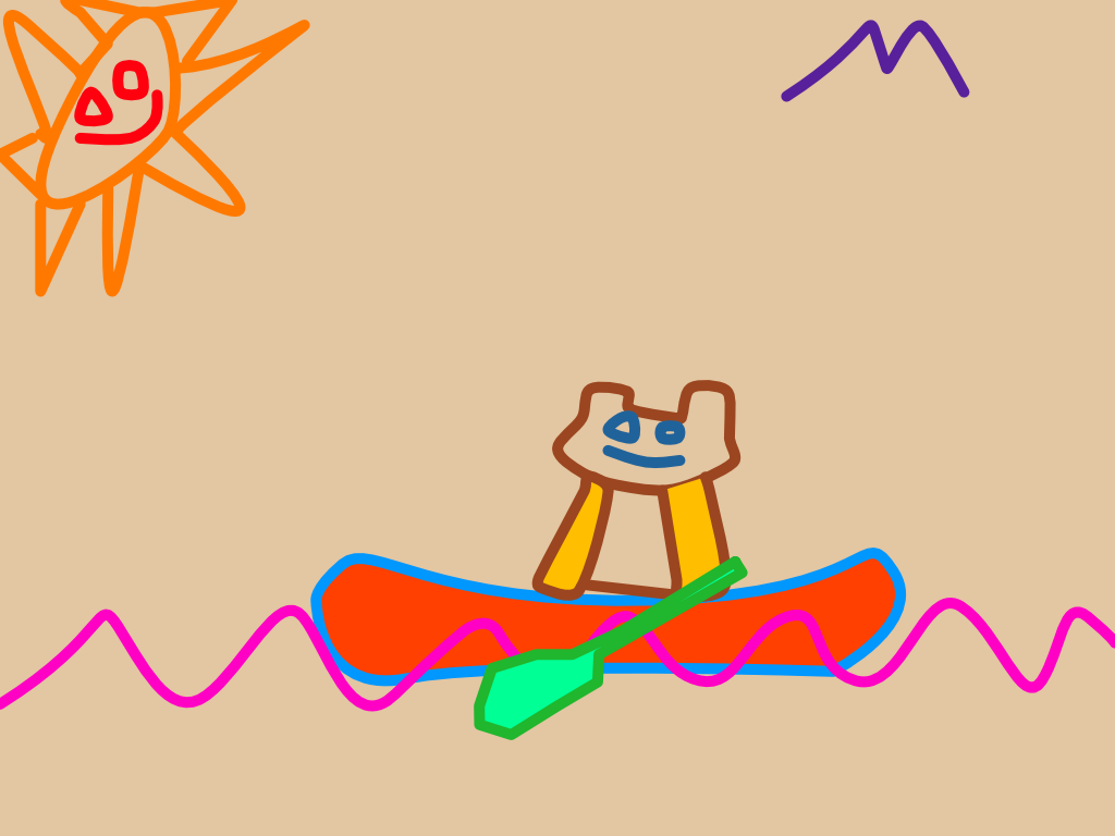 A childish drawing made using the pen tool in Affinity Designer of a bear in a canoe under a smiling but slightly sinister sun.