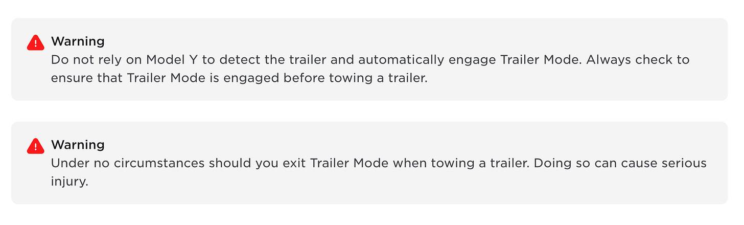 Tesla Model Y Trailer Mode Safety Warning