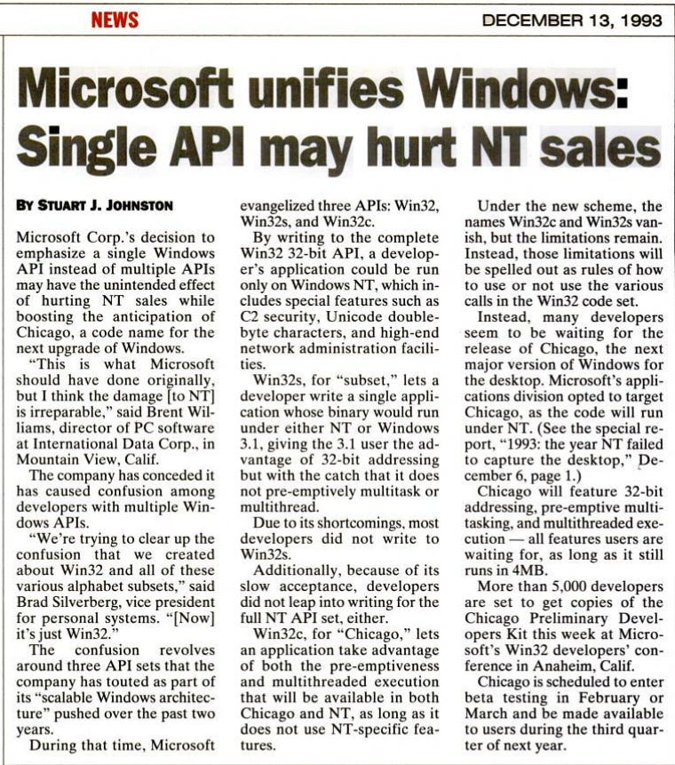 Microsoft unifies Windows: Single API may hurt NT sales