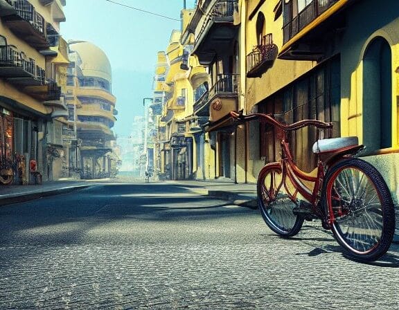 Bicycle on a street, no wheels, epic wide shot, panorama, - AI generated image based on AI text prompt