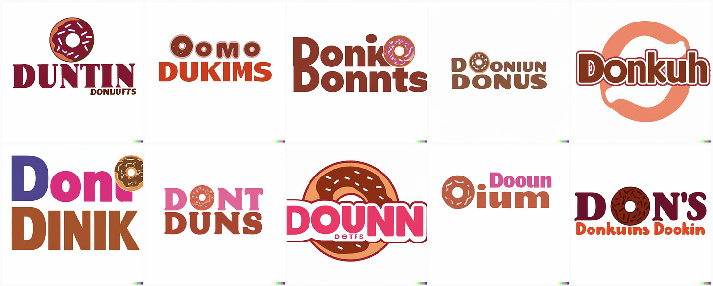 10 logos that look almost, but not quite, like the Dunkin’ Donuts logo. They read (I swear none of this is a typo): “DUNTIN DONUUFFS,” “OOMO DUKIMS,” “Donko Donnts,” “DOONIUN DONUS,” “Donkuh,” “Doni DINIK,” “DONT DUNS,” “DOUNN DOTES,” Dooun Oium,” and “DON’S Donkuins Dookin.” 