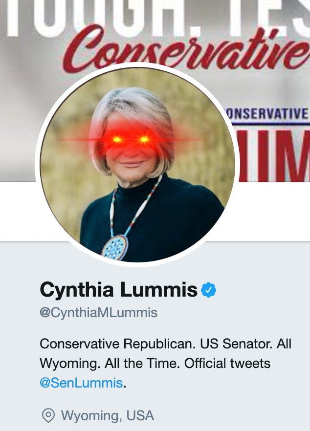 A screenshot of Cynthia Lummis's Twitter account, showing that she has superimposed Bitcoin "laser eyes" on her profile picture.