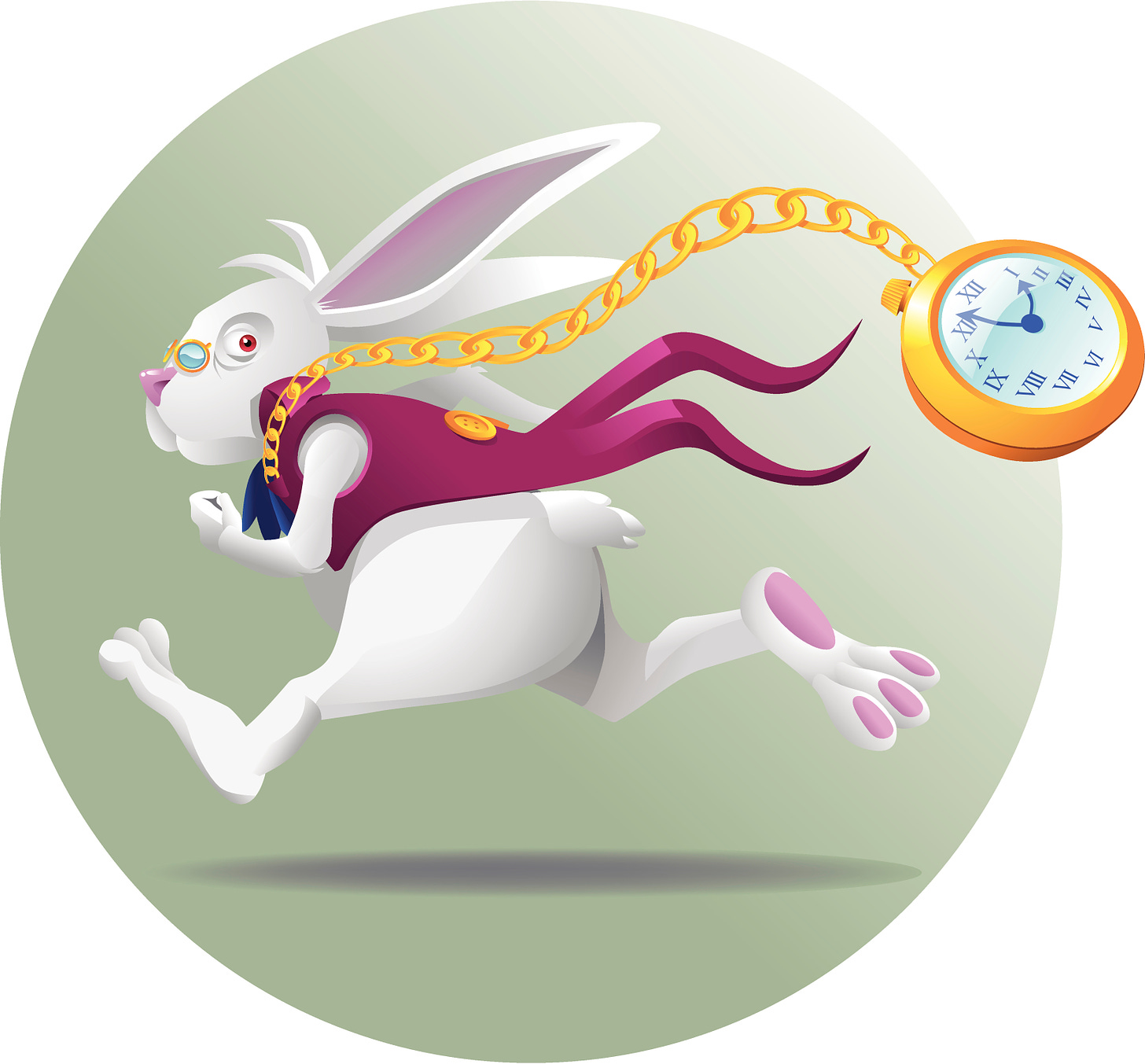 A white rabbit running away with a pocket watch