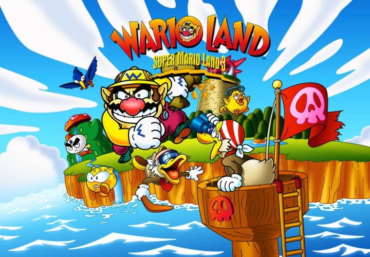 Promotional art for Wario Land, based on the box art. It features Wario seeking treasure with a bag full of coins, while pirates and enemies surround him on an island.