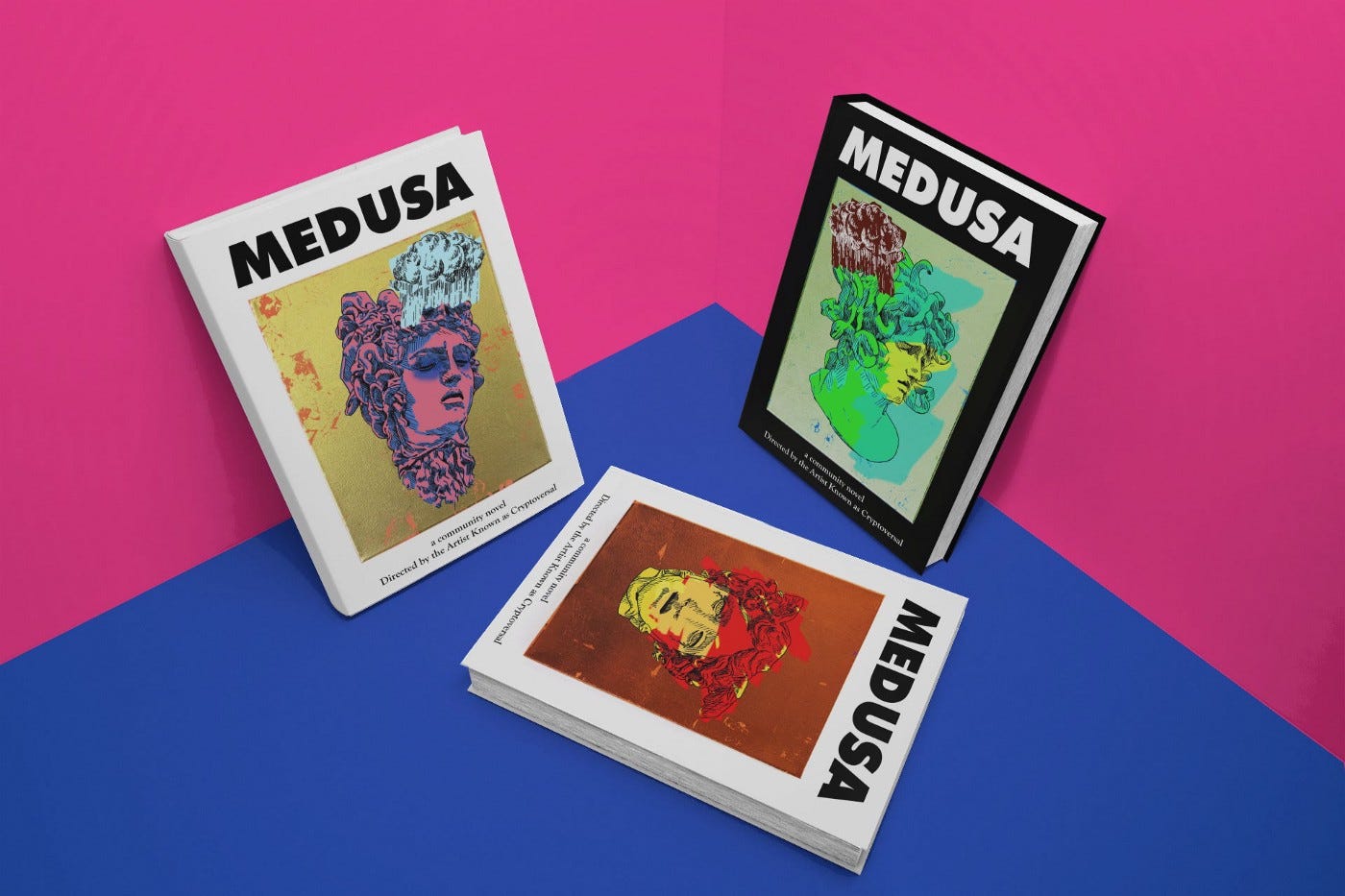Three mock-ups of a Medusa novel with alternate covers against a colorful background.