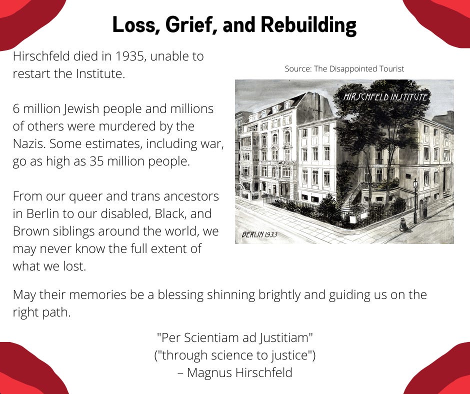 Hirschfeld died in 1935, unable to restart the Institute.  6 million Jewish people and millions of others were murdered by the Nazis. Some estimates, including war, go as high as 35 million people.  From our queer and trans ancestors in Berlin to our disabled, Black, and Brown siblings around the world, we may never know the full extent of what we lost.May their memories be a blessing shinning brightly and guiding us on the right path. "Per Scientiam ad Justitiam" ("through science to justice") – Magnus Hirschfeld