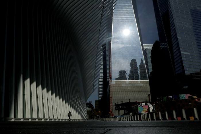 The deserted plaza outside Oculus transit hub and One World Trade Center in April